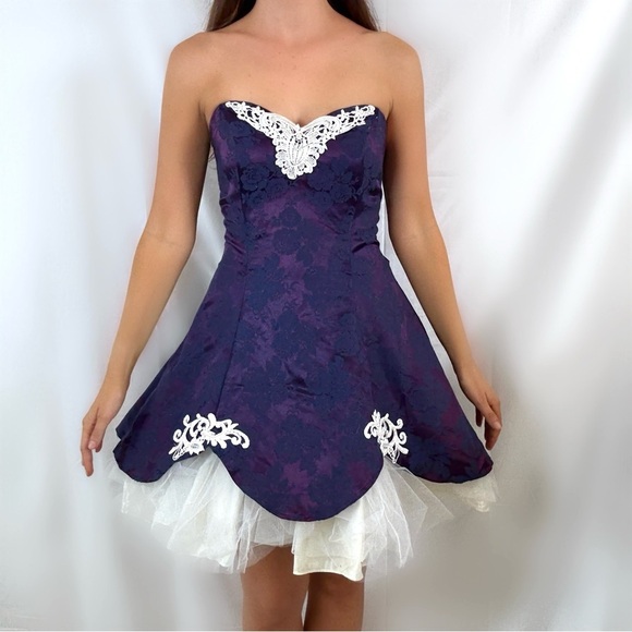Vintage Dresses & Skirts - Vintage strapless puff mini dress navy blue jacquard lace formal prom medium
